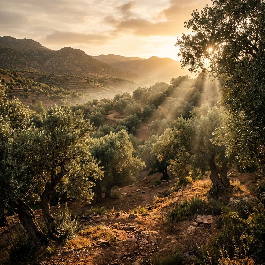 Ancient Moroccan olive grove at golden hour — the heartland of the L'héritage vert