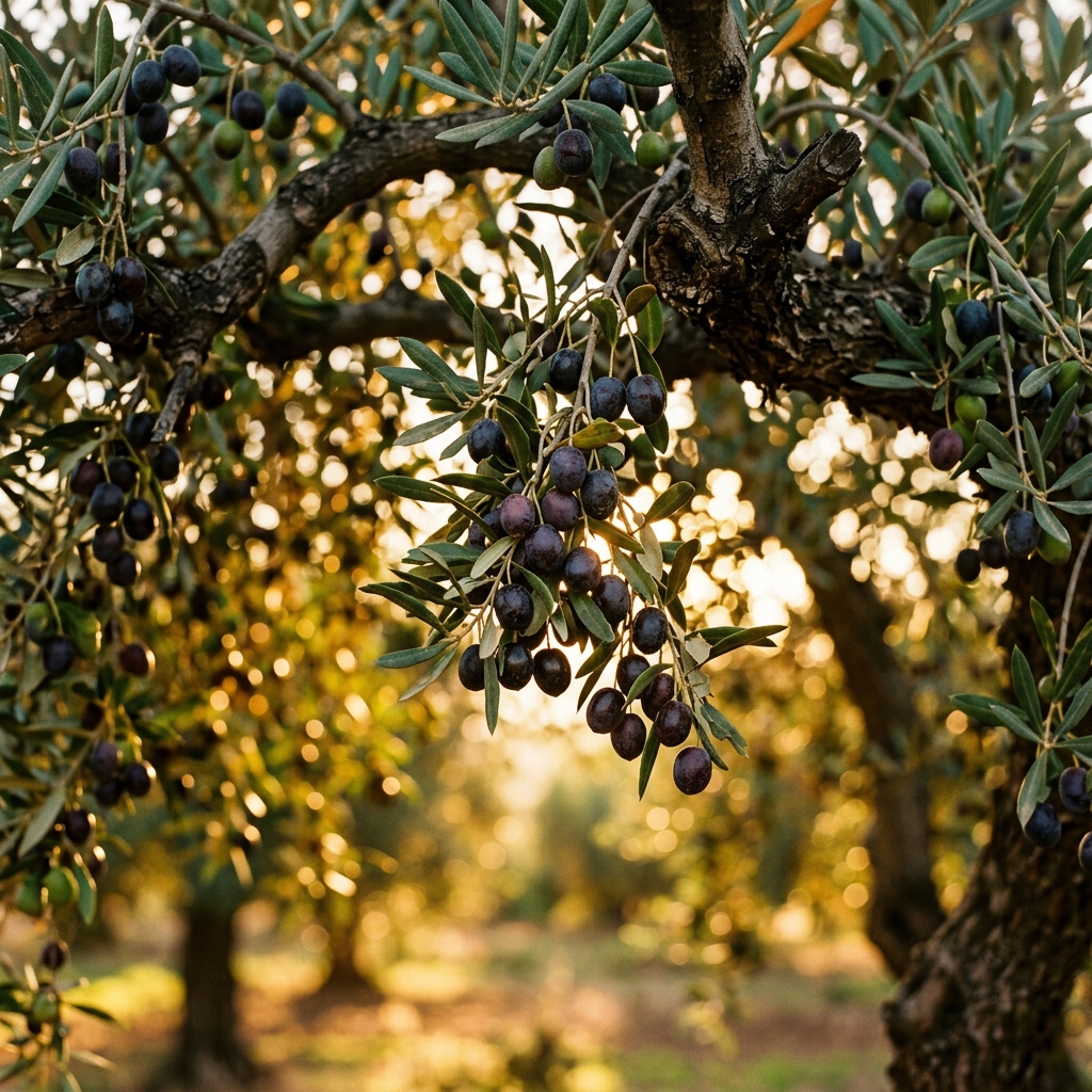 Ripe olives on ancient branches — the harvest of peace